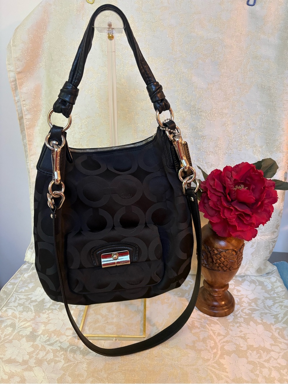 Coach Kristin Op Art Black Sateen Jacquard Hobo Shoulder/Crossbody Bag